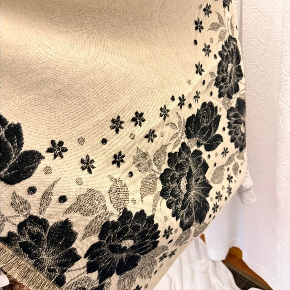 Large Floral Black and Cream Reversible Shawl,Scarf, Poncho.